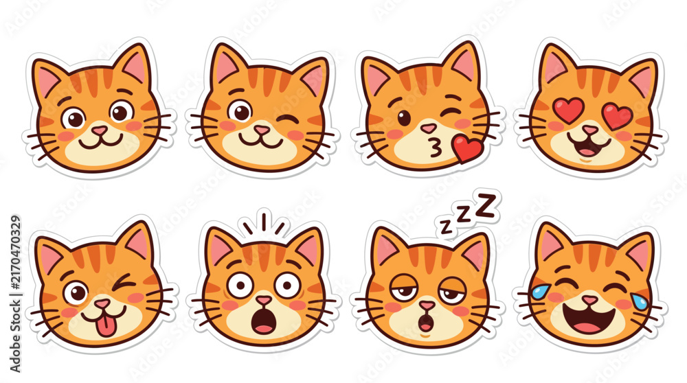 Fototapeta premium Collection of Cute Orange Tabby Cat Emoticons Expressing Various Emotions and Feelings.
