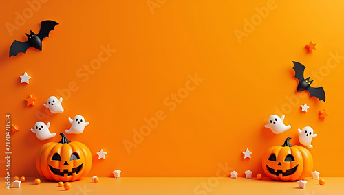 Minimalist 3D Halloween Background Featuring Cute Pumpkins Ghosts And Flying Black Bats