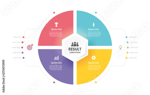 Infographic Venn diagram chart template for business 4 circle label options, presentation with venn diagram elements vector illustration.