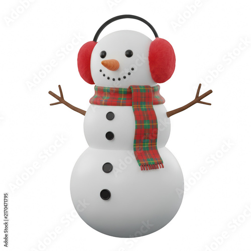 Cute 3d snowman with red earmuffs and a colorful patterned winter scarf for christmas holiday celebration