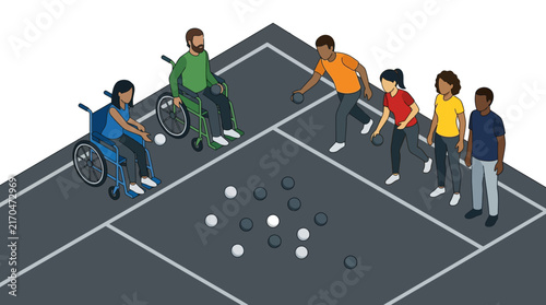 Isometric disabled athletes playing boccia ball game on court