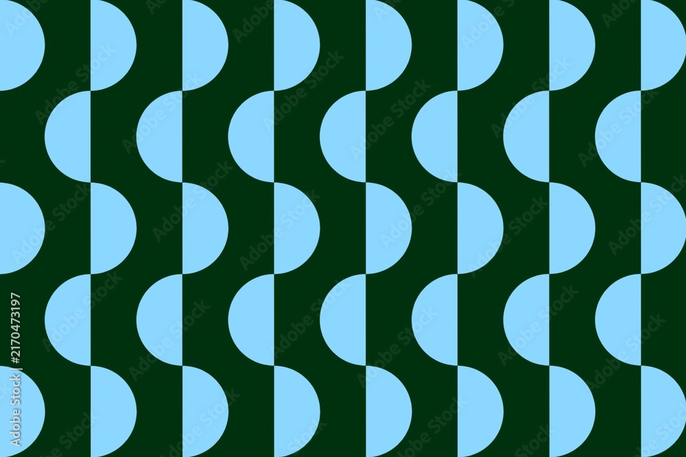 Minimalist retro wavy background with light blue semicircles and dark green lines. Modern Scandinavian style repeating pattern with abstract semicircles & geometric shapes for textile, wallpaper, etc.