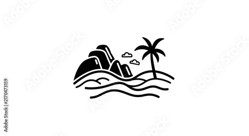 Tropical Island Landscape Black White.