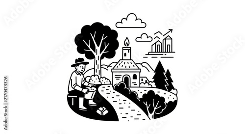 village scene with man sitting outside.