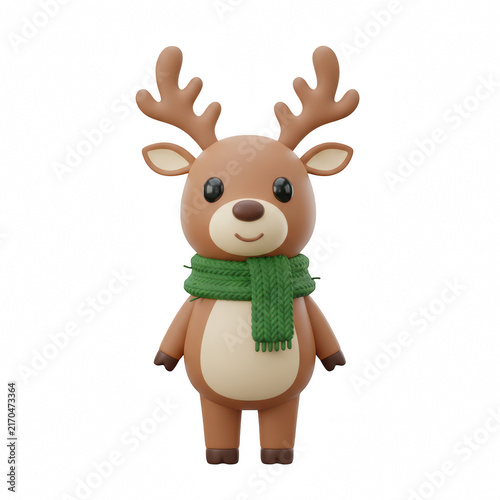 Cute little brown deer character wearing a warm green knitted scarf for a fun winter holiday season design