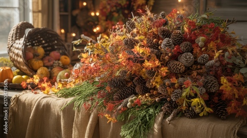 Thanksgiving Autumn harvest cornucopia overflowing with pinecones and fall foliage on rustic burlap tablecloth for seasonal decoration USA
