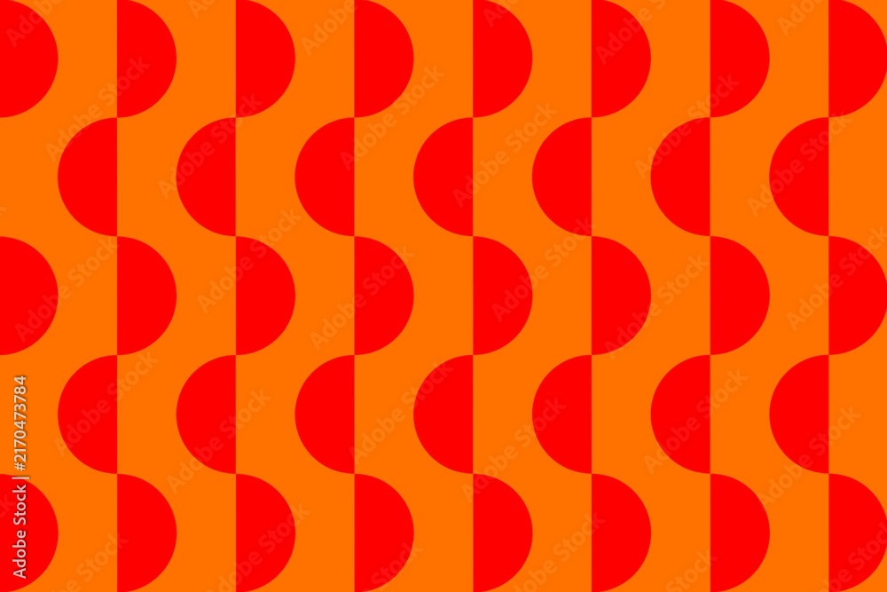 Psychedelic Groovy Geometric Background Seamless Wave Pattern Vector. Retro 70s Geometric Seamless Pattern with Red Half Circles on Orange Background for nostalgic 1970s style branding, textile prints