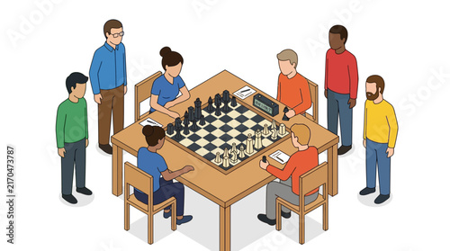 Isometric vector illustration of people playing a board game in a room