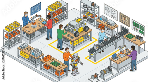Isometric vector illustration of engineers working in a modern industrial workshop