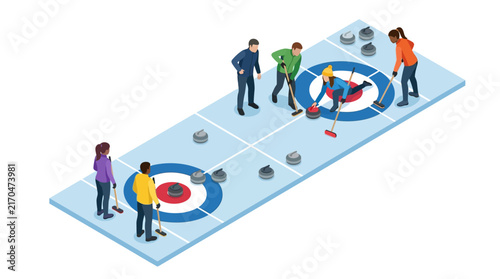Isometric Vector Illustration of People Playing Curling on Ice Rink