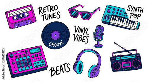 Retro music elements with cassette tape vinyl record and drum machine