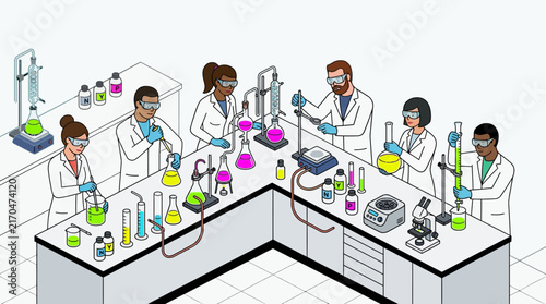 Scientists working in chemical laboratory with glassware and colorful liquids