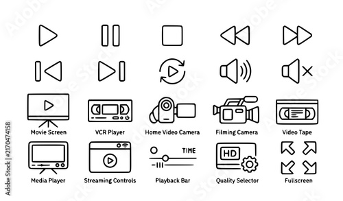 Video Play and Media Player Thin Line Icons Set Editable Stroke