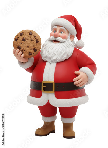 Happy santa claus character holding a delicious chocolate chip cookie for christmas holiday season celebration