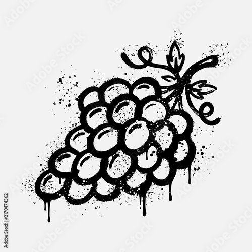 Black and White Graffiti Stencil Grapes Fruit Vector Illustration Isolated