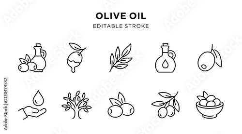 Olive oil icon set with bottles and olives, editable stroke