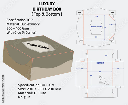 Luxury Birthday Tart Box Packaging Template with Locking Bottom and Plastic Window