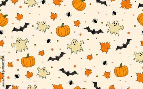 Cute Black Cat with Pumpkin and Cartoon Skull Seamless Pattern, Halloween Bat and Spooky Cute Elements 