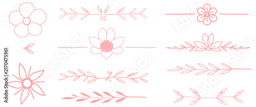 Red floral decorative dividers for elegant designs. Delicate botanical line art with symmetrical flower and leaf motifs. Horizontal vector illustration set.