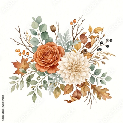 Floral arrangement featuring an orange rose and white dahlia with autumn leaves sits isolated on a white background.