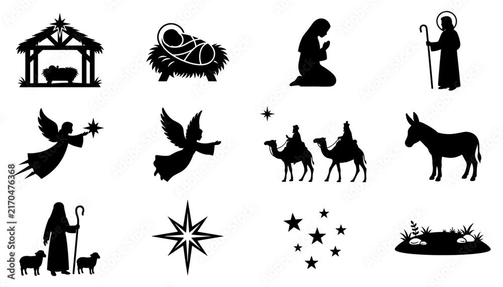Fototapeta premium Nativity Scene Icons Set with Figures, Animals, and Stars