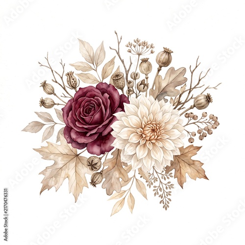 Floral bouquet with dark red rose and beige dahlia surrounded by autumn leaves on white background.