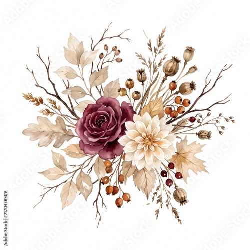 Burgundy rose floral arrangement with a cream dahlia and autumn foliage isolated on white background.