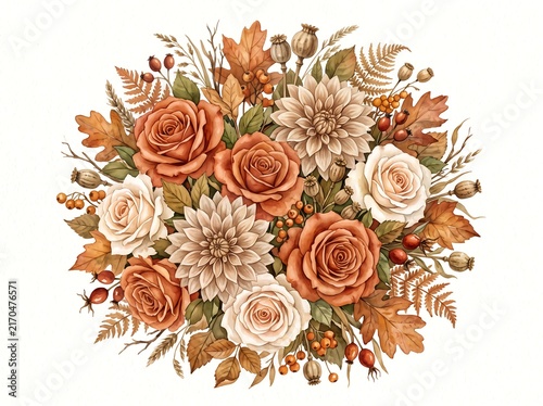 Circular autumn floral arrangement composed of terracotta roses, white dahlias, dried ferns, and fall foliage.
