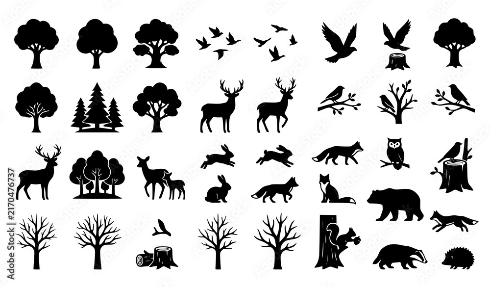 Fototapeta premium Wildlife animals and tree silhouettes collection set vector illustration featuring forest wildlife isolated on white