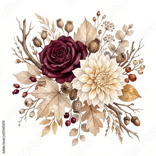 Burgundy rose and cream dahlia arrangement accompanied by dried seed pods, oak leaves, and acorns.