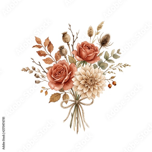 Floral bouquet composed of peach roses, a dahlia, and dried botanicals isolated on white background.