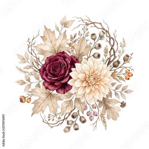 Burgundy rose and cream dahlia wreath arrangement surrounded by beige leaves on white.