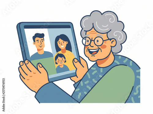 Charming PNG illustration of an elderly grandmother holding a digital tablet while enjoying a video call with her son, daughter-in-law, and grandchild.