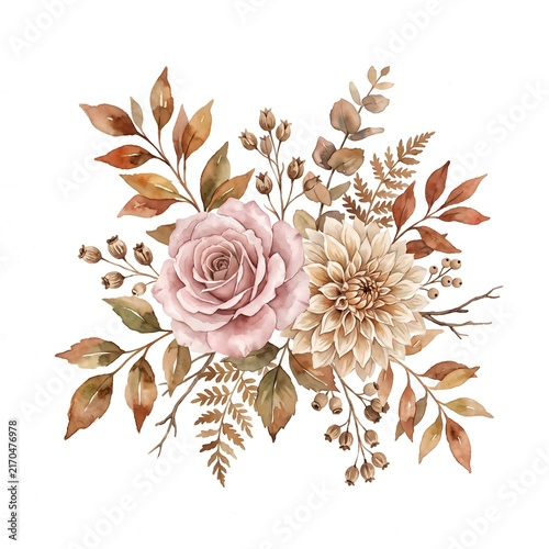 Floral arrangement featuring a pink rose, beige dahlia, and autumn leaves isolated on white background.