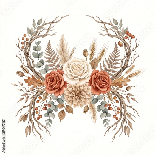 Autumn floral frame design with watercolor roses, dahlia, branches, ferns, and eucalyptus isolated on white background.