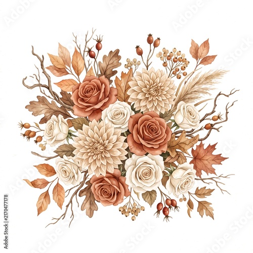 Watercolor flower composition containing rust roses, white dahlias, dry grass, and autumn leaves on white background.