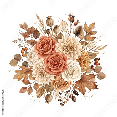 Floral cluster of terracotta roses, white dahlias, autumn leaves, and dried berries arranged on a white background.