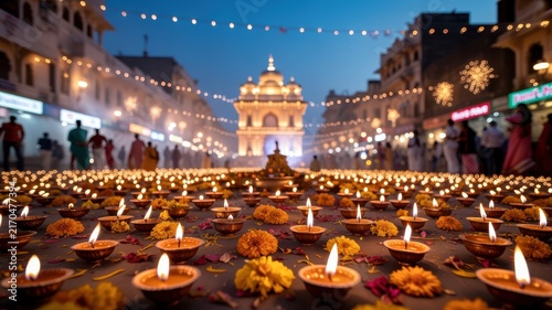 Happy Diwali Spectacular view of thousands of lit clay diya lamps on city streets during grand Diwali festival of lights celebration