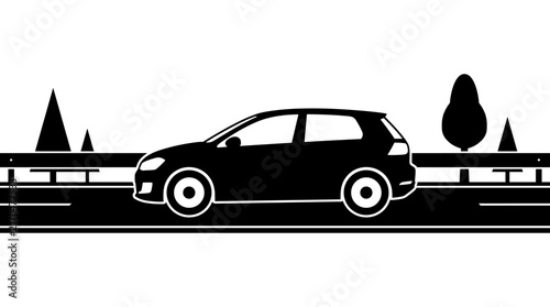 Car driving on highway with trees silhouette.