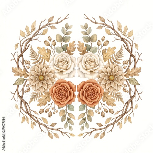 Symmetrical floral border with terracotta roses, dahlias, and wooden branches forming an elegant frame on a white background.