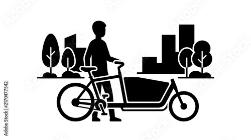 Cargo bicycle with man in urban city setting.