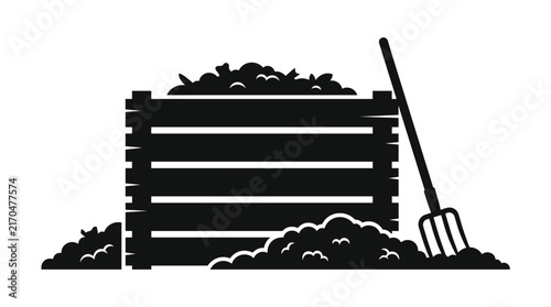 Compost bin and pitchfork silhouette for organic gardening.