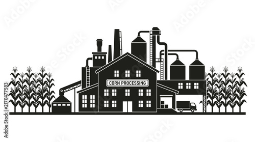 Corn processing industrial plant silhouette with silos and factory.