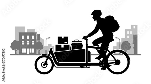 Courier delivering packages on a cargo bike city silhouette.