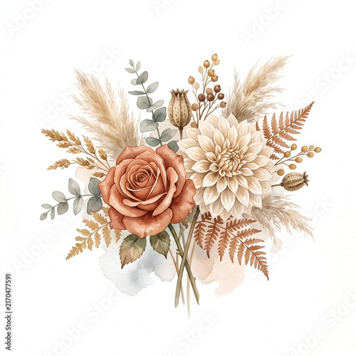 Bohemian floral arrangement featuring a rust orange rose, beige dahlia, pampas grass, and dried eucalyptus leaves.