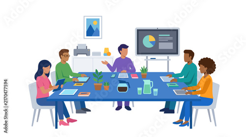 Diverse business team collaborating in a modern office.