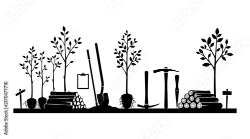 Garden nursery silhouette with young trees and tools.