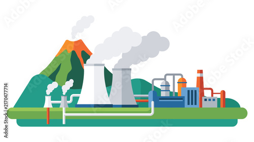 Geothermal power plant with steaming volcano background.