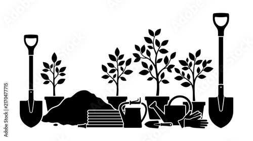 Gardening tools and potted plants silhouette scene.