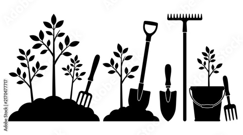 Gardening tools and young plants in soil silhouette.